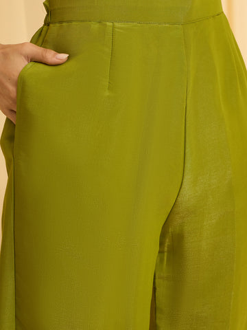 Olive Green Silk Blend Zari Sequence Embroidered Kurta With Palazzo And Dupatta Set
