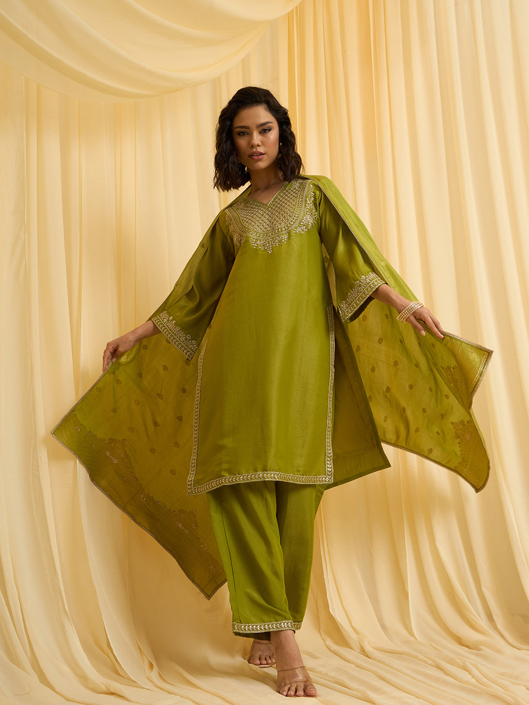 Olive Green Silk Blend Zari Sequence Embroidered Kurta With Palazzo And Dupatta Set