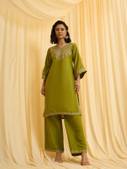 Olive Green Silk Blend Zari Sequence Embroidered Kurta With Palazzo And Dupatta Set