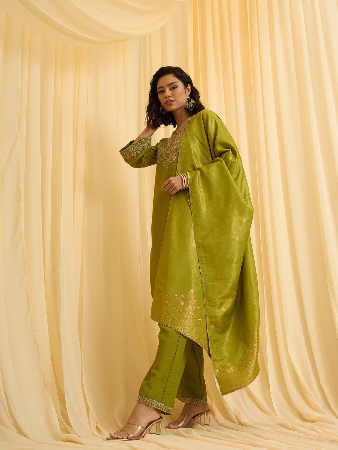 Olive Green Silk Blend Zari Sequence Embroidered Kurta With Palazzo And Dupatta Set