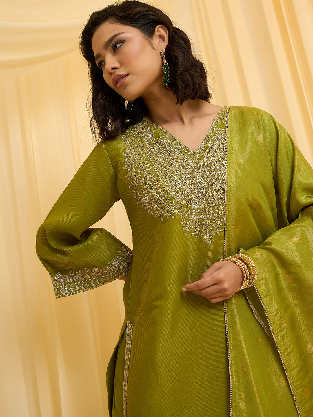 Olive Green Silk Blend Zari Sequence Embroidered Kurta With Palazzo And Dupatta Set
