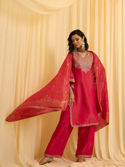 Rani Pink Silk Blend Zari Sequence Embroidered Kurta With Palazzo And Dupatta Set