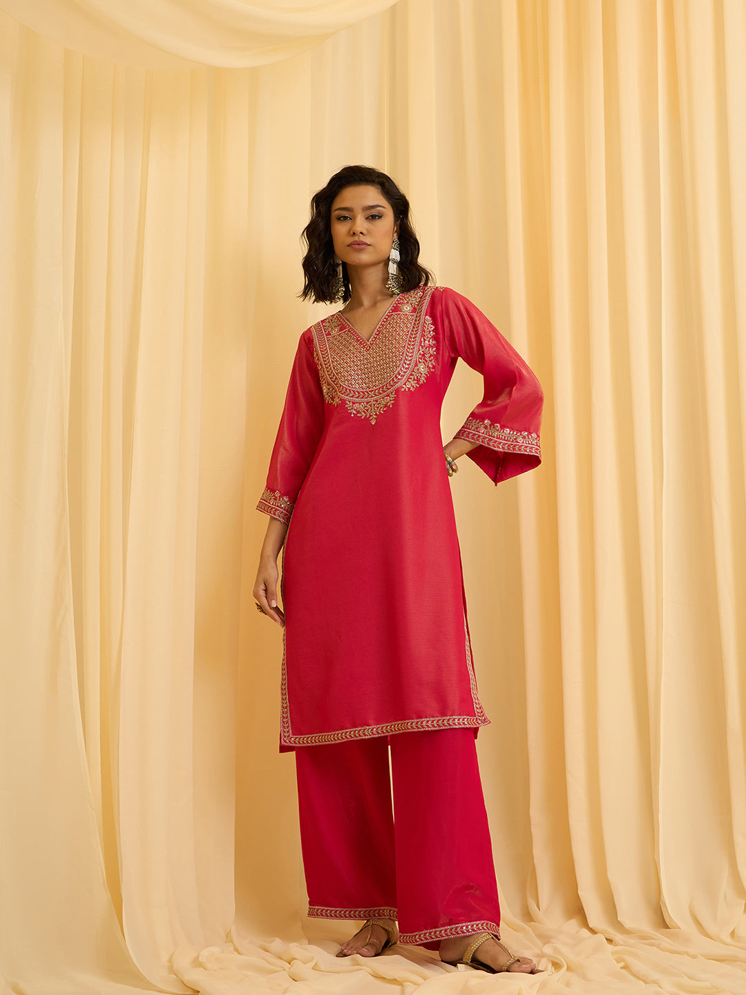 Rani Pink Silk Blend Zari Sequence Embroidered Kurta With Palazzo And Dupatta Set