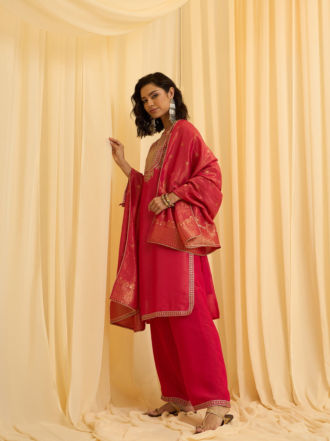 Rani Pink Silk Blend Zari Sequence Embroidered Kurta With Palazzo And Dupatta Set