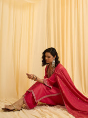 Rani Pink Silk Blend Zari Sequence Embroidered Kurta With Palazzo And Dupatta Set
