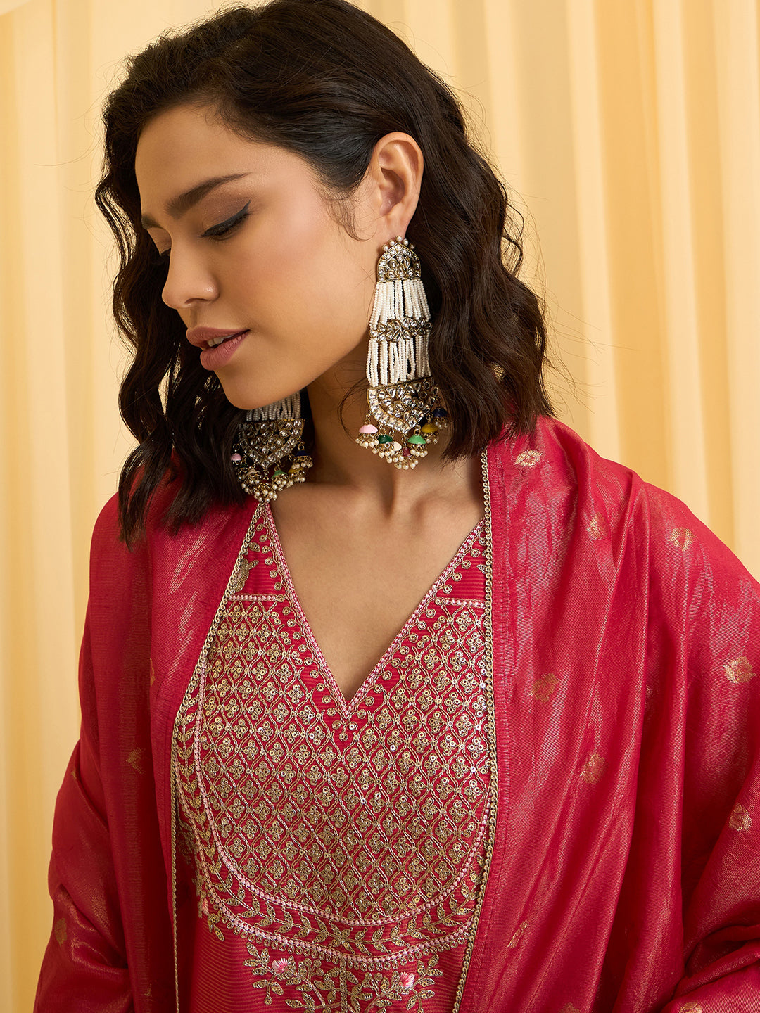 Rani Pink Silk Blend Zari Sequence Embroidered Kurta With Palazzo And Dupatta Set