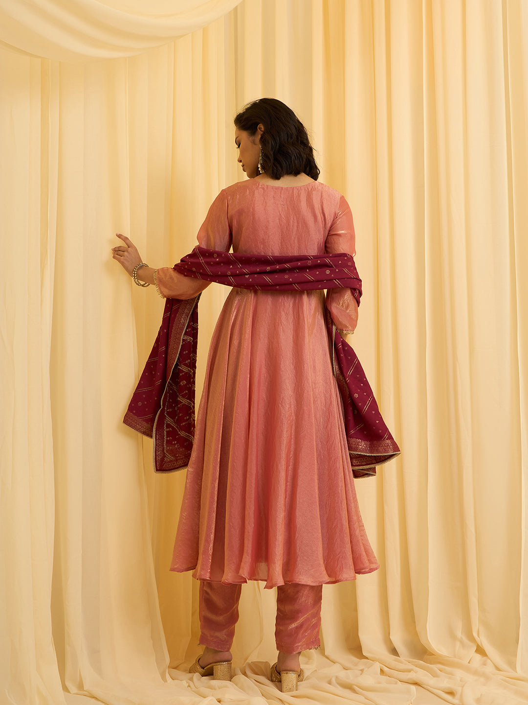 Peach silk Blend Zari Sequence Thread Embroidered Coding With beaded drops Kurta With Pant And Dupatta Set