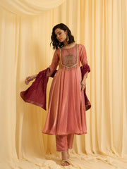 Peach silk Blend Zari Sequence Thread Embroidered Coding With beaded drops Kurta With Pant And Dupatta Set