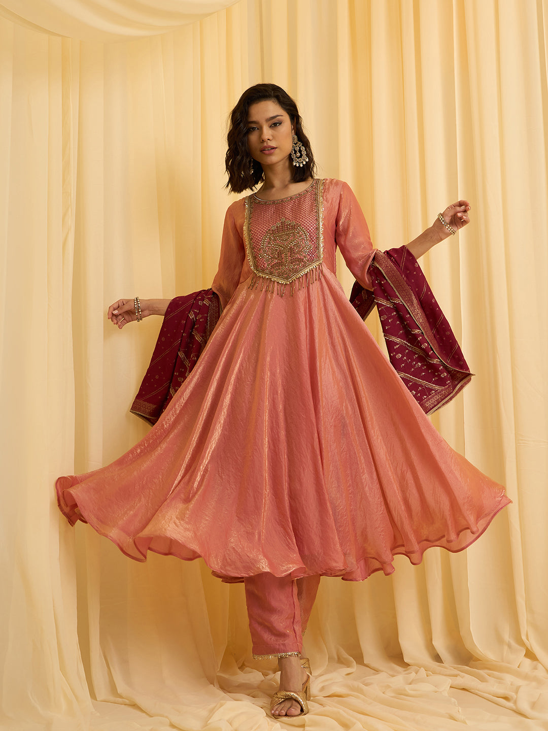 Peach silk Blend Zari Sequence Thread Embroidered Coding With beaded drops Kurta With Pant And Dupatta Set