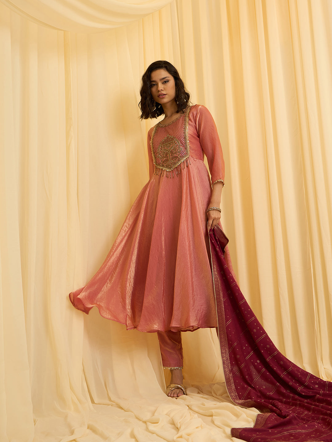 Peach silk Blend Zari Sequence Thread Embroidered Coding With beaded drops Kurta With Pant And Dupatta Set