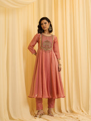 Peach silk Blend Zari Sequence Thread Embroidered Coding With beaded drops Kurta With Pant And Dupatta Set