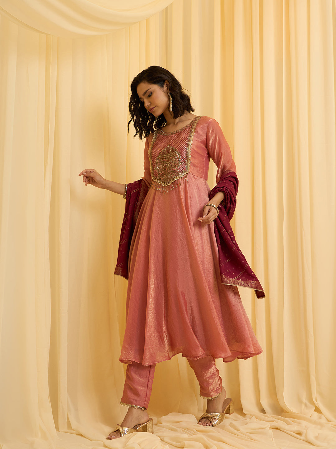 Peach silk Blend Zari Sequence Thread Embroidered Coding With beaded drops Kurta With Pant And Dupatta Set