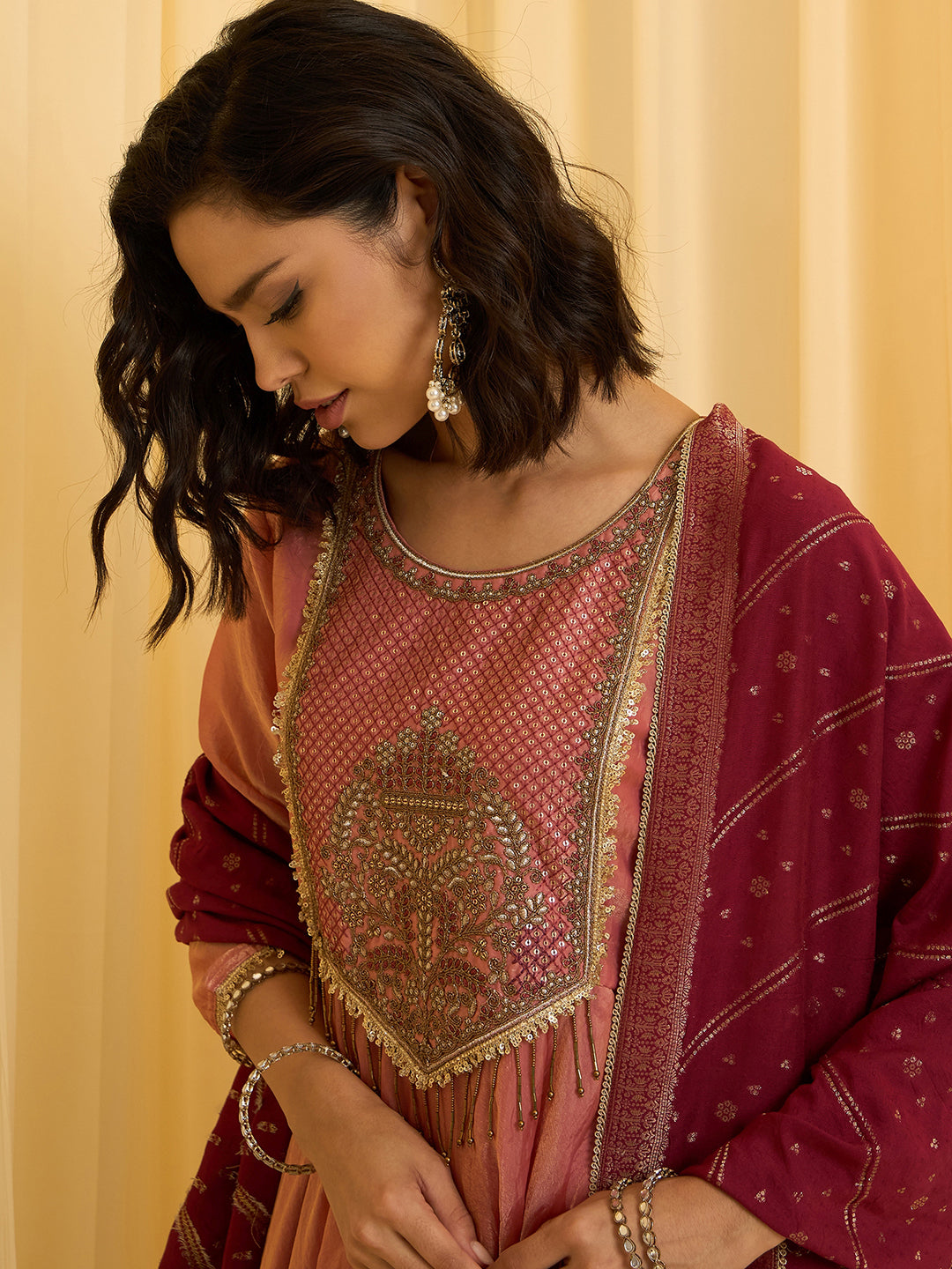 Peach silk Blend Zari Sequence Thread Embroidered Coding With beaded drops Kurta With Pant And Dupatta Set