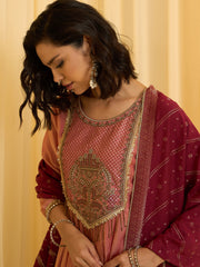 Peach silk Blend Zari Sequence Thread Embroidered Coding With beaded drops Kurta With Pant And Dupatta Set