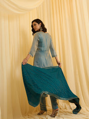 Sky Blue silk Blend Zari Sequence Thread Embroidered Coding With beaded drops Kurta With Pant And Dupatta Set