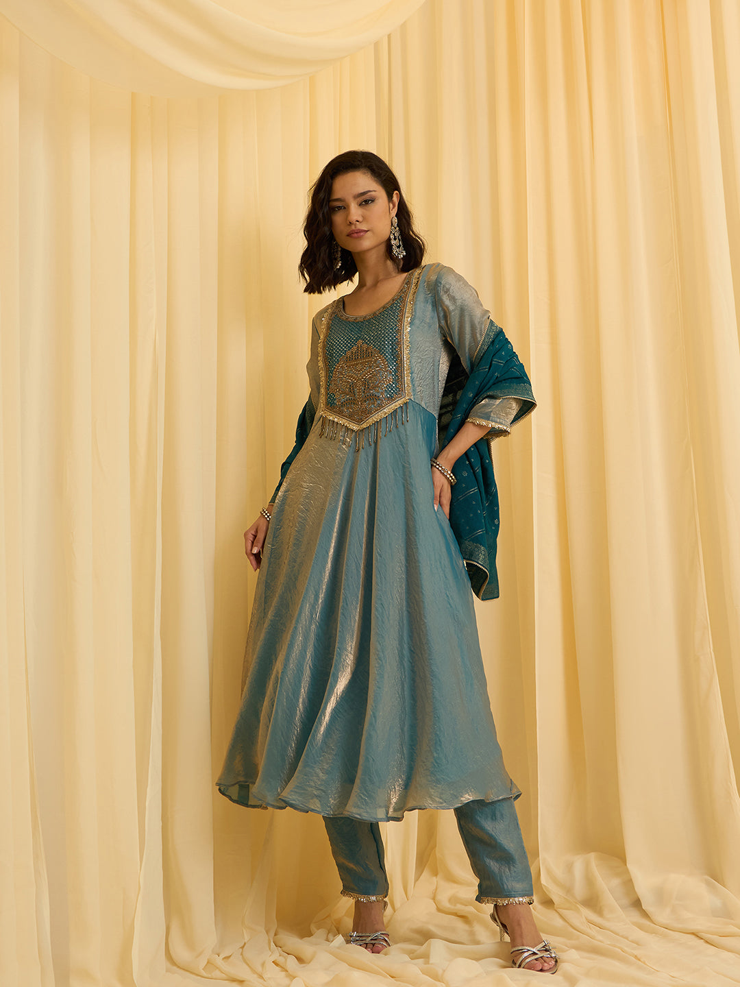 Sky Blue silk Blend Zari Sequence Thread Embroidered Coding With beaded drops Kurta With Pant And Dupatta Set