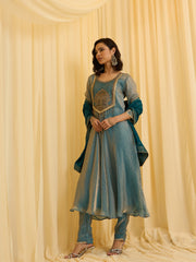 Sky Blue silk Blend Zari Sequence Thread Embroidered Coding With beaded drops Kurta With Pant And Dupatta Set