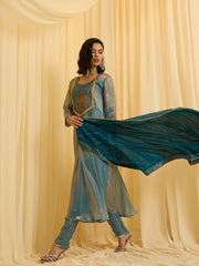 Sky Blue silk Blend Zari Sequence Thread Embroidered Coding With beaded drops Kurta With Pant And Dupatta Set