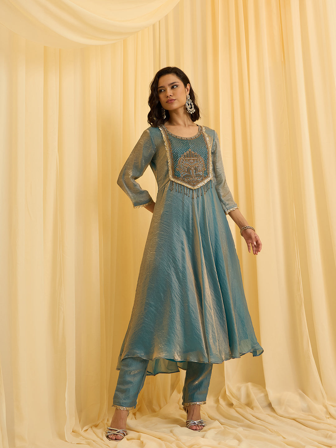 Sky Blue silk Blend Zari Sequence Thread Embroidered Coding With beaded drops Kurta With Pant And Dupatta Set