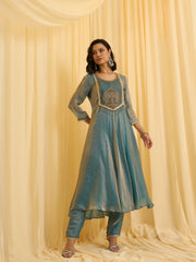 Sky Blue silk Blend Zari Sequence Thread Embroidered Coding With beaded drops Kurta With Pant And Dupatta Set