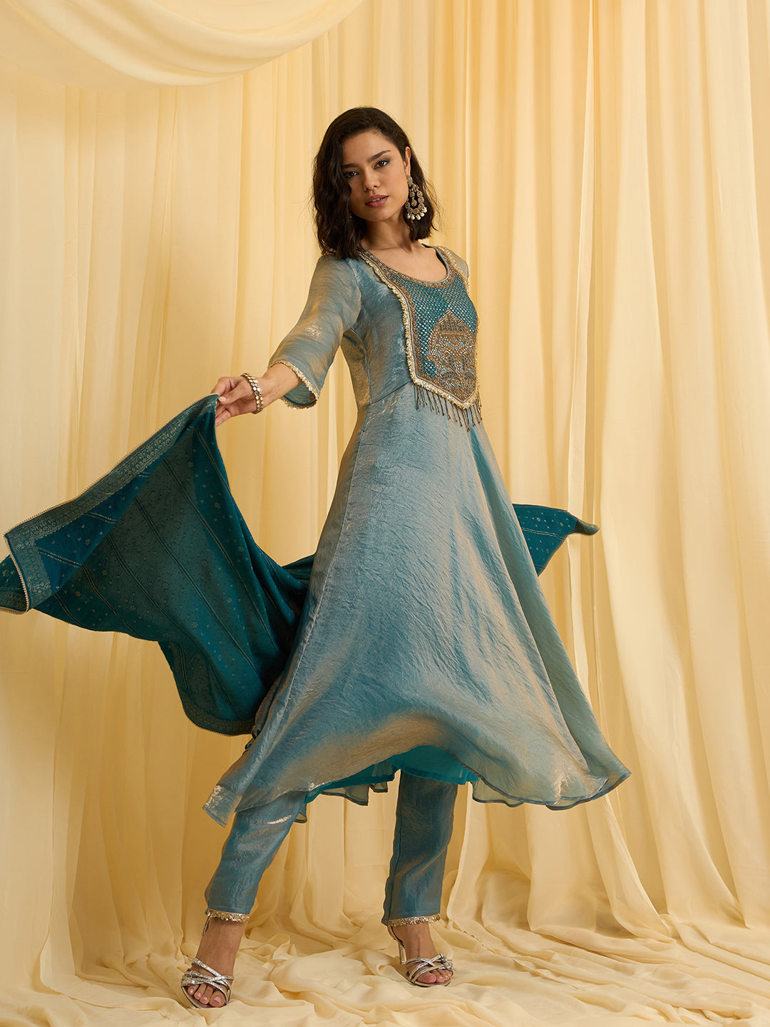 Sky Blue silk Blend Zari Sequence Thread Embroidered Coding With beaded drops Kurta With Pant And Dupatta Set