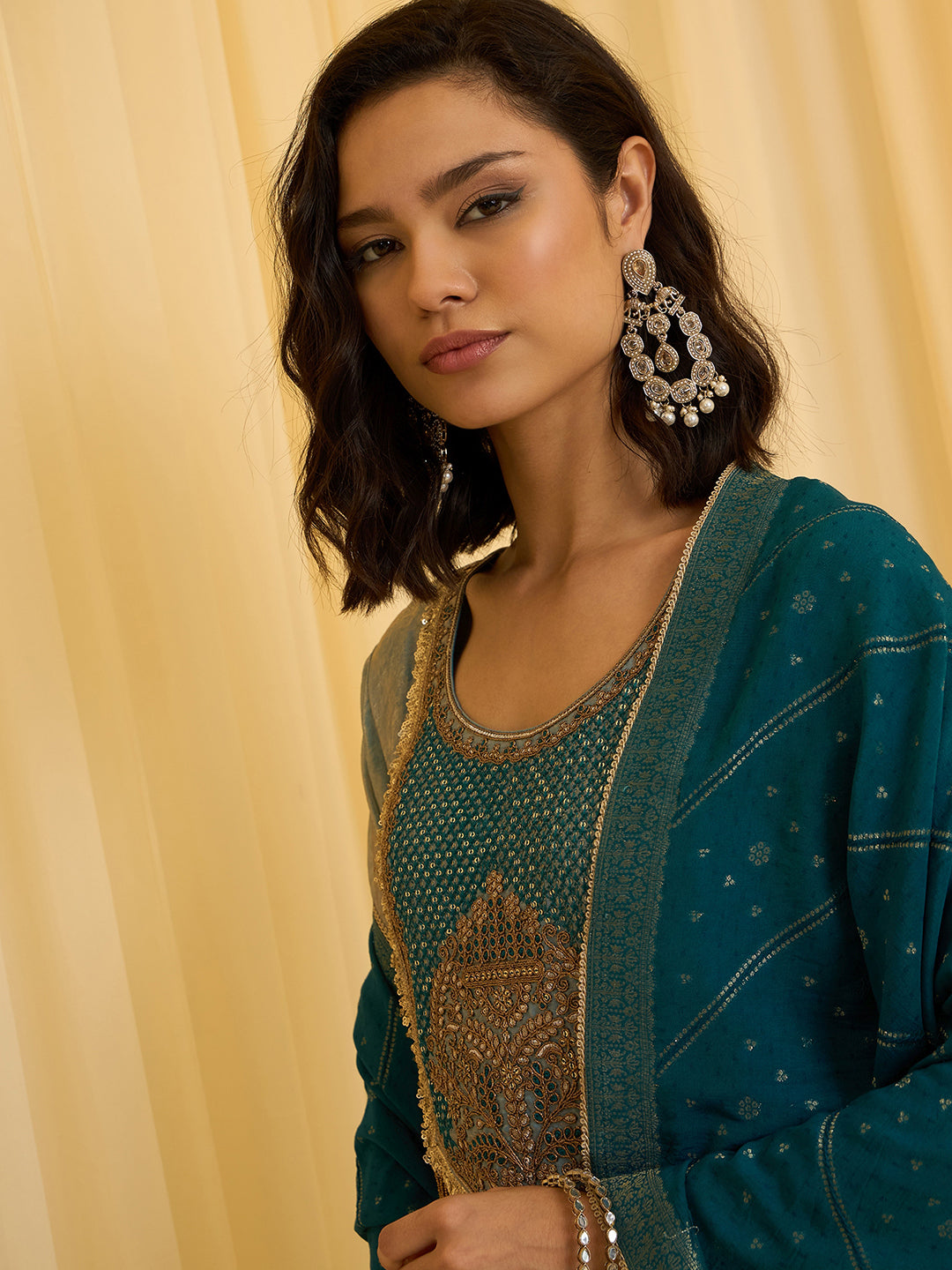 Sky Blue silk Blend Zari Sequence Thread Embroidered Coding With beaded drops Kurta With Pant And Dupatta Set