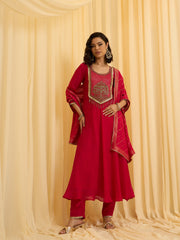 Red silk Blend Zari Sequence Thread Embroidered Coding With beaded drops Kurta With Pant And Dupatta Set