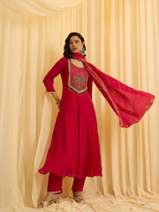 Red silk Blend Zari Sequence Thread Embroidered Coding With beaded drops Kurta With Pant And Dupatta Set
