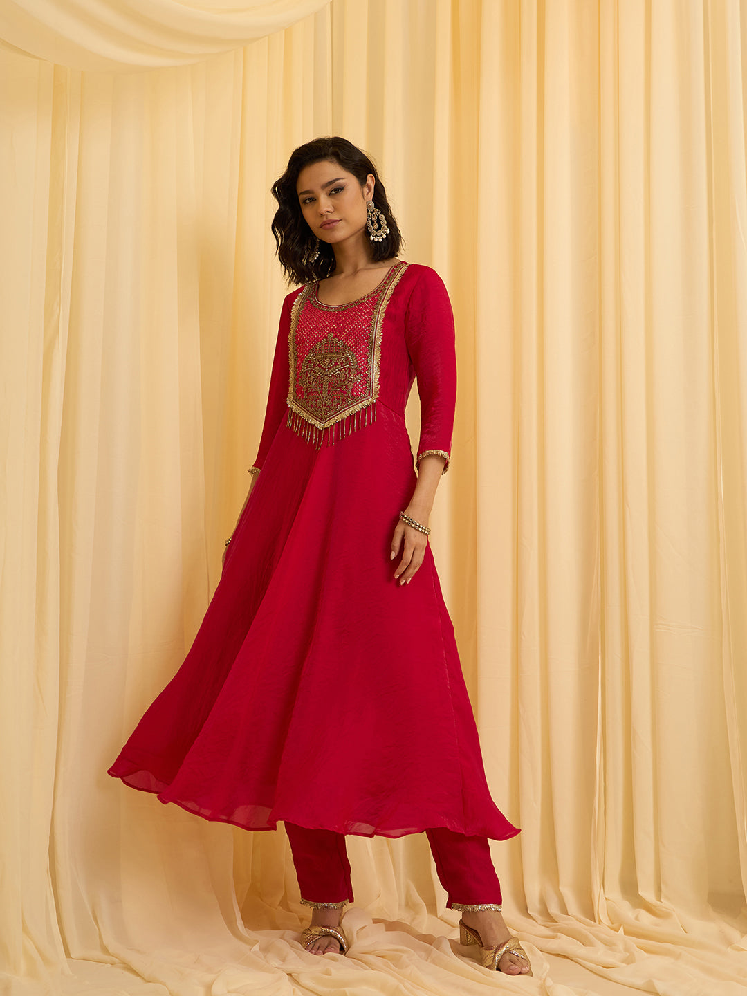 Red silk Blend Zari Sequence Thread Embroidered Coding With beaded drops Kurta With Pant And Dupatta Set