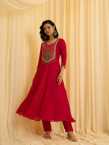 Red silk Blend Zari Sequence Thread Embroidered Coding With beaded drops Kurta With Pant And Dupatta Set