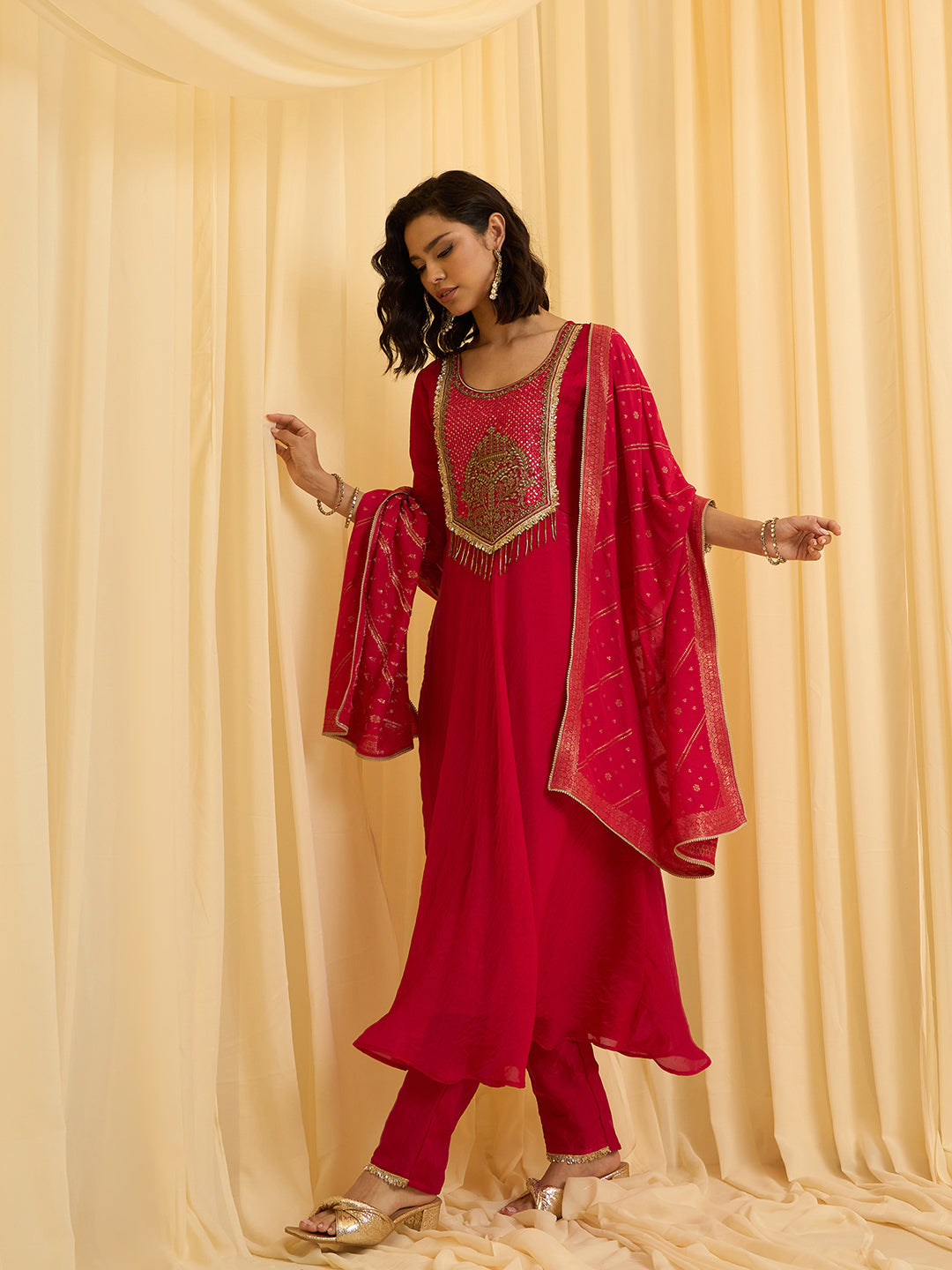Red silk Blend Zari Sequence Thread Embroidered Coding With beaded drops Kurta With Pant And Dupatta Set