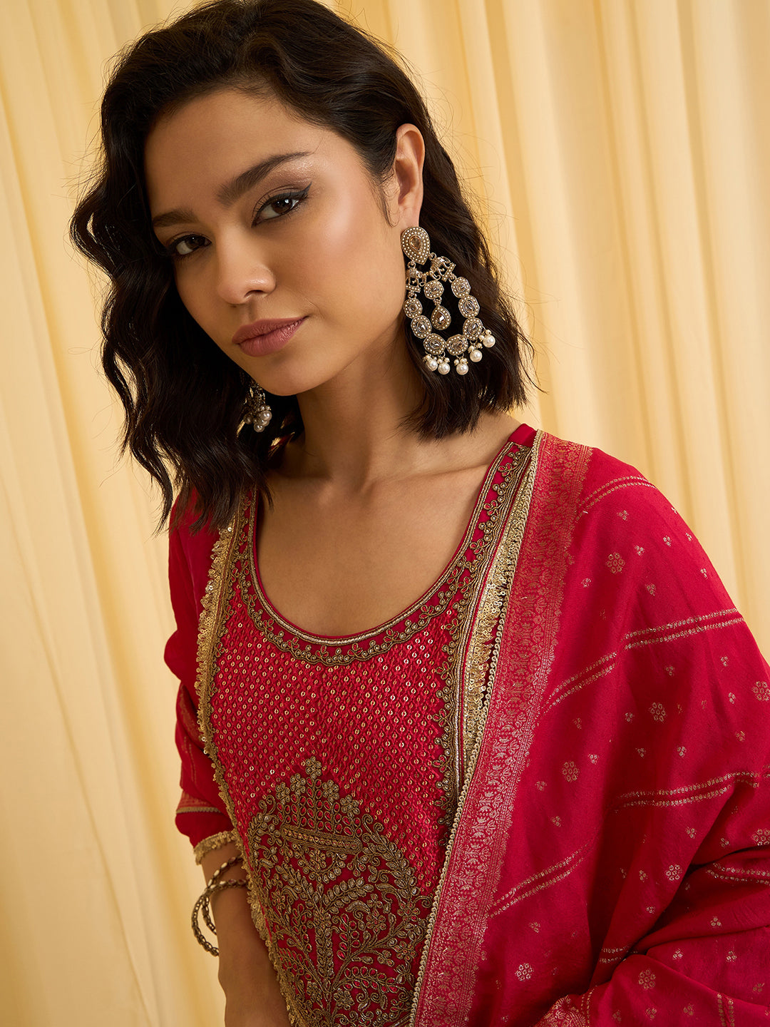 Red silk Blend Zari Sequence Thread Embroidered Coding With beaded drops Kurta With Pant And Dupatta Set