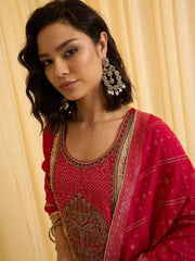 Red silk Blend Zari Sequence Thread Embroidered Coding With beaded drops Kurta With Pant And Dupatta Set