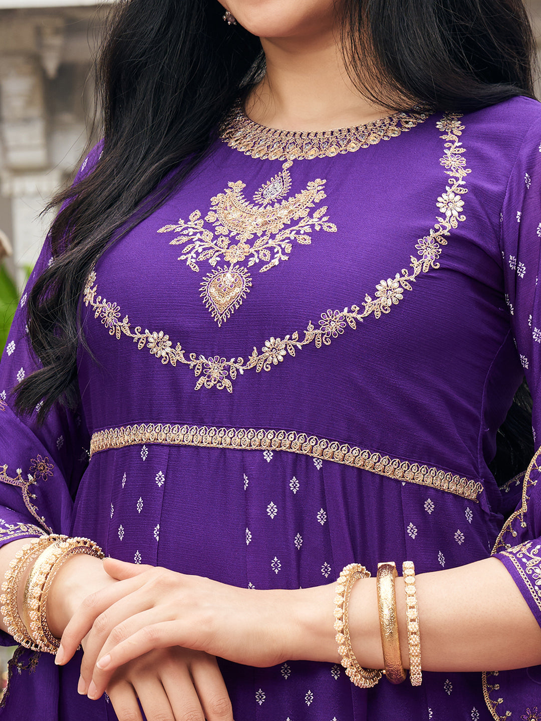Purple Chinon Zari Sequence Thread Embroidered With Coding Kurta With Pant And Dupatta Set