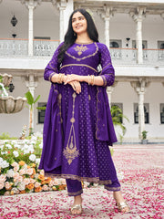 Purple Chinon Zari Sequence Thread Embroidered With Coding Kurta With Pant And Dupatta Set