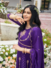 Purple Chinon Zari Sequence Thread Embroidered With Coding Kurta With Pant And Dupatta Set