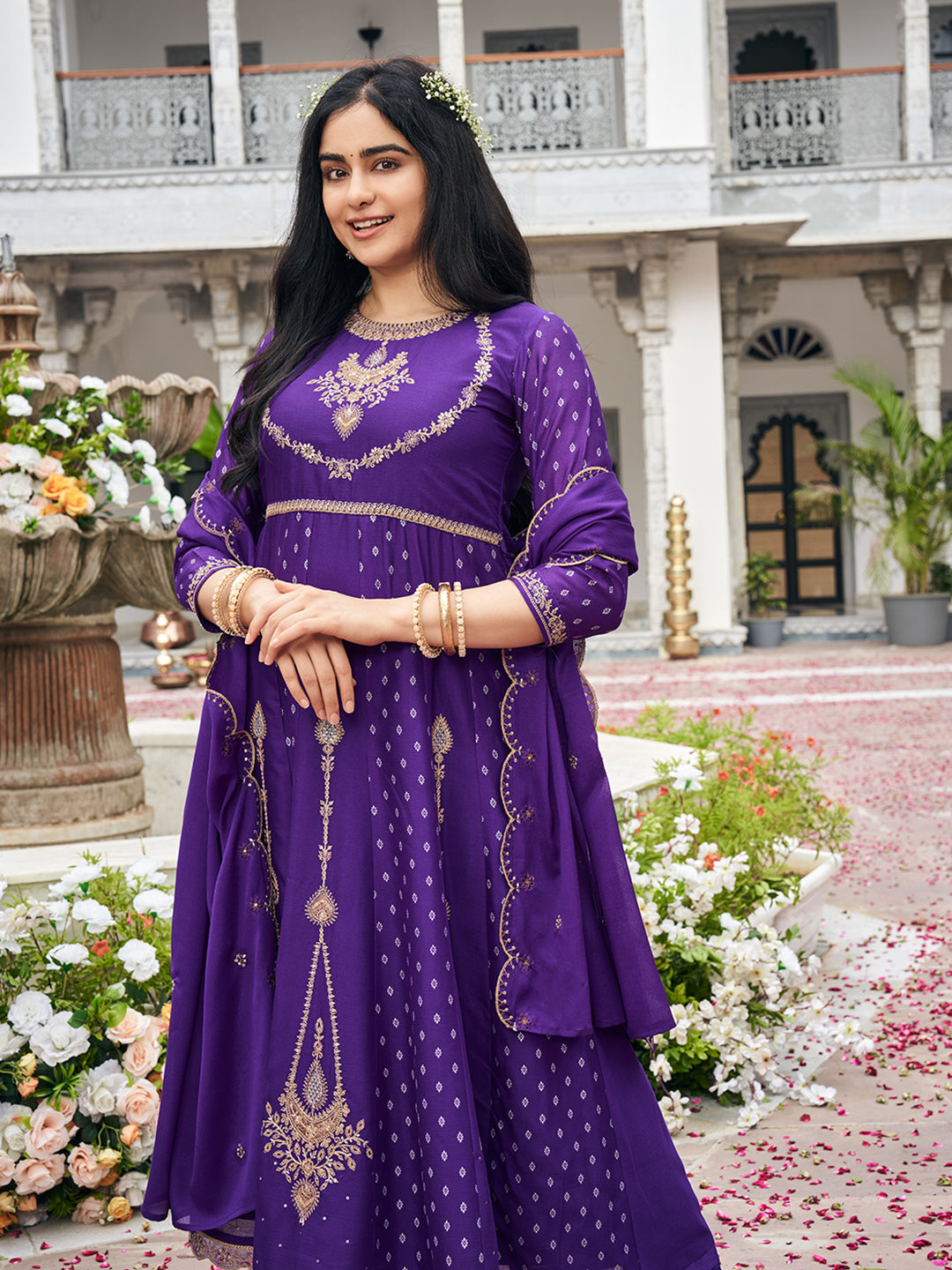 Purple Chinon Zari Sequence Thread Embroidered With Coding Kurta With Pant And Dupatta Set