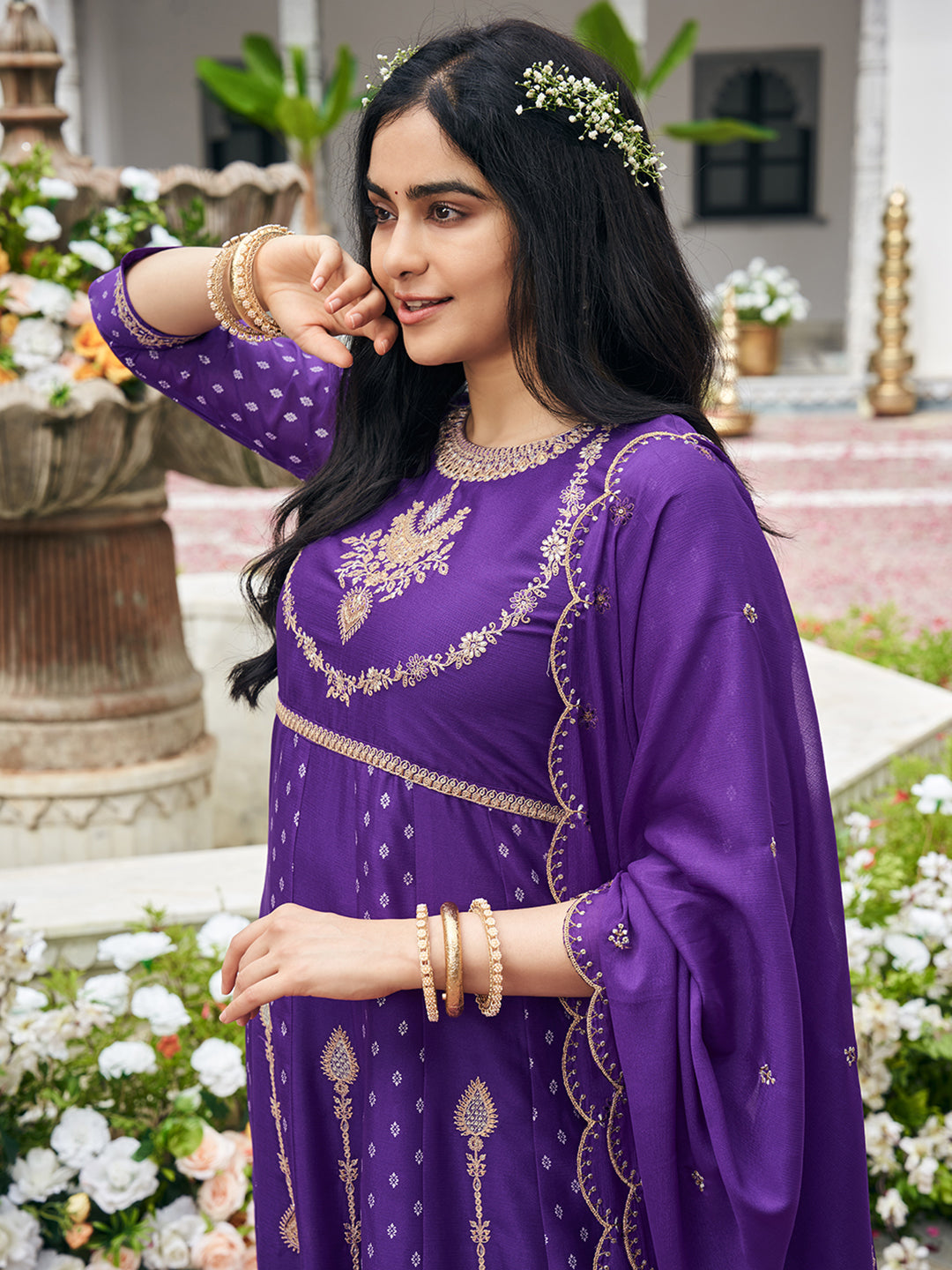 Purple Chinon Zari Sequence Thread Embroidered With Coding Kurta With Pant And Dupatta Set