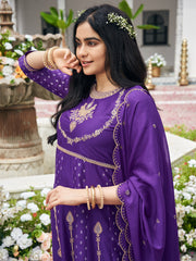 Purple Chinon Zari Sequence Thread Embroidered With Coding Kurta With Pant And Dupatta Set
