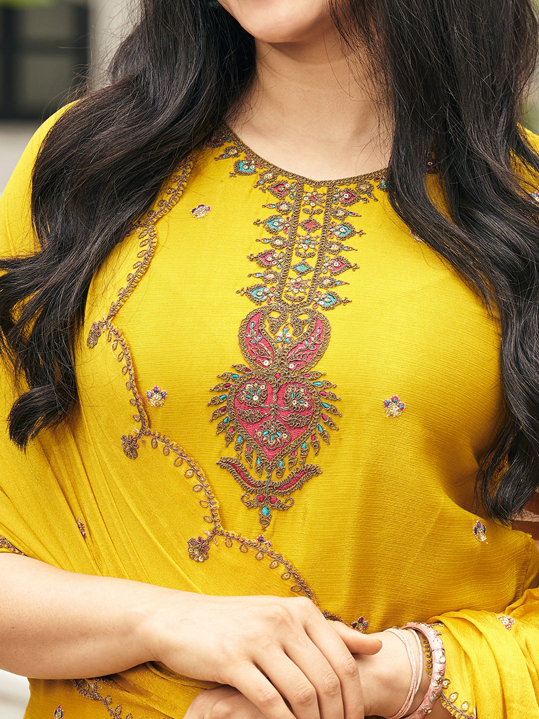 Yellow Chinon Zari Sequence Thread Embroidered With Coding Kurta With Palazzo And Dupatta Set