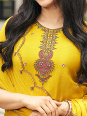 Yellow Chinon Zari Sequence Thread Embroidered With Coding Kurta With Palazzo And Dupatta Set