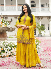 Yellow Chinon Zari Sequence Thread Embroidered With Coding Kurta With Palazzo And Dupatta Set