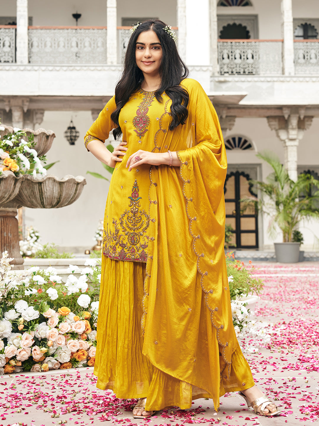 Yellow Chinon Zari Sequence Thread Embroidered With Coding Kurta With Palazzo And Dupatta Set