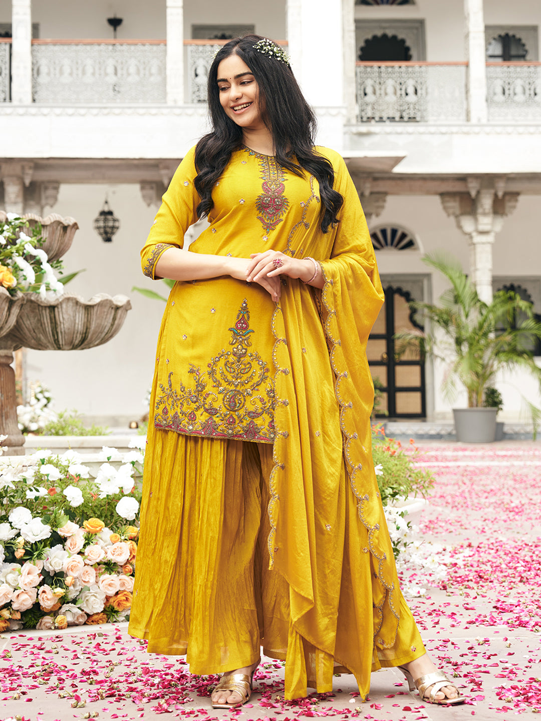 Yellow Chinon Zari Sequence Thread Embroidered With Coding Kurta With Palazzo And Dupatta Set