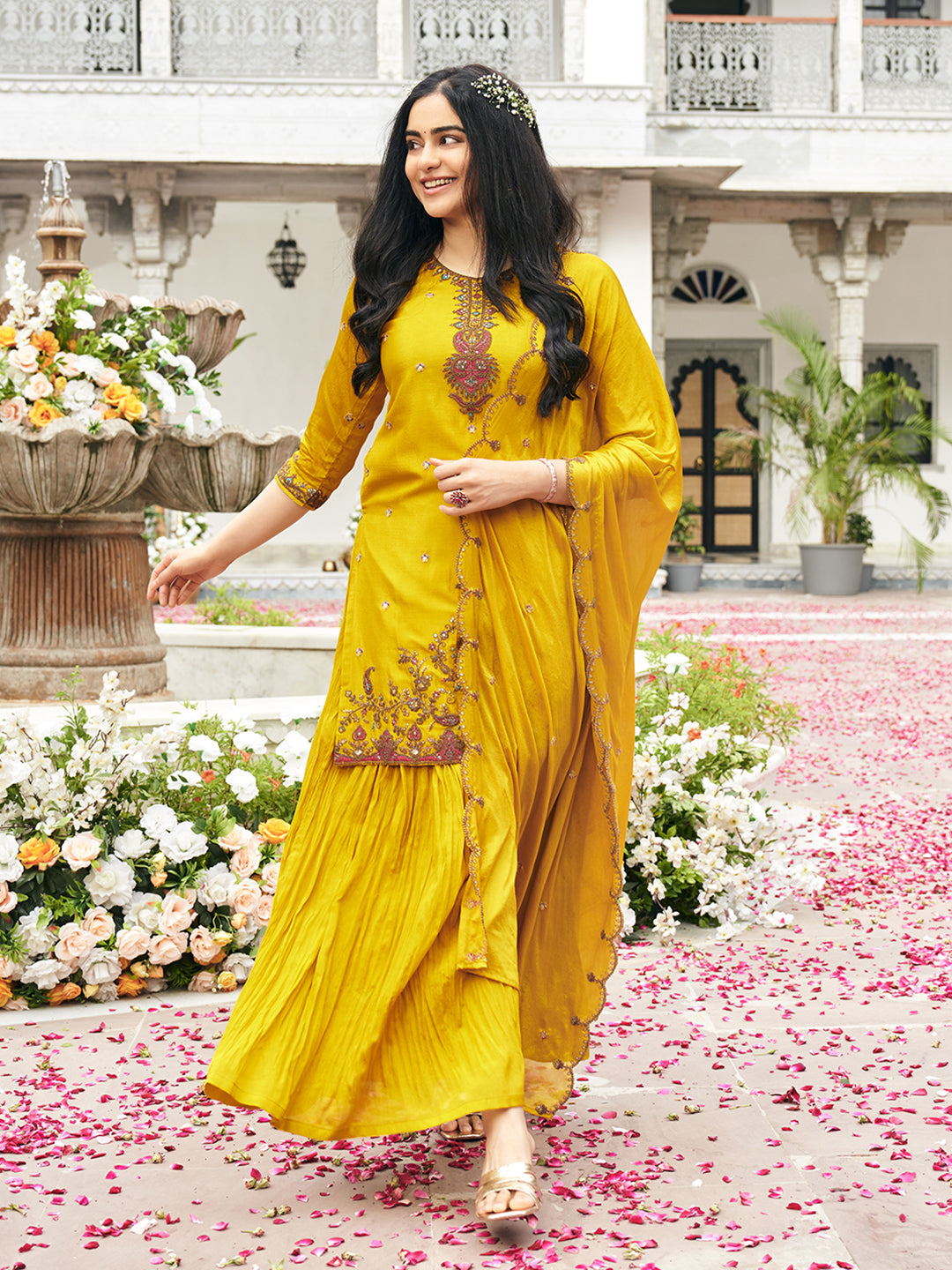 Yellow Chinon Zari Sequence Thread Embroidered With Coding Kurta With Palazzo And Dupatta Set