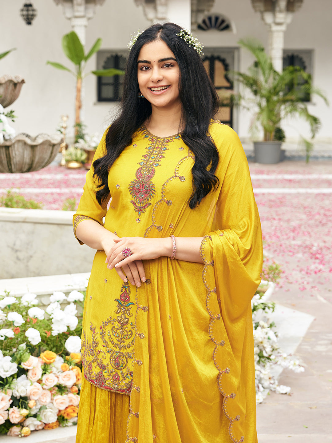 Yellow Chinon Zari Sequence Thread Embroidered With Coding Kurta With Palazzo And Dupatta Set