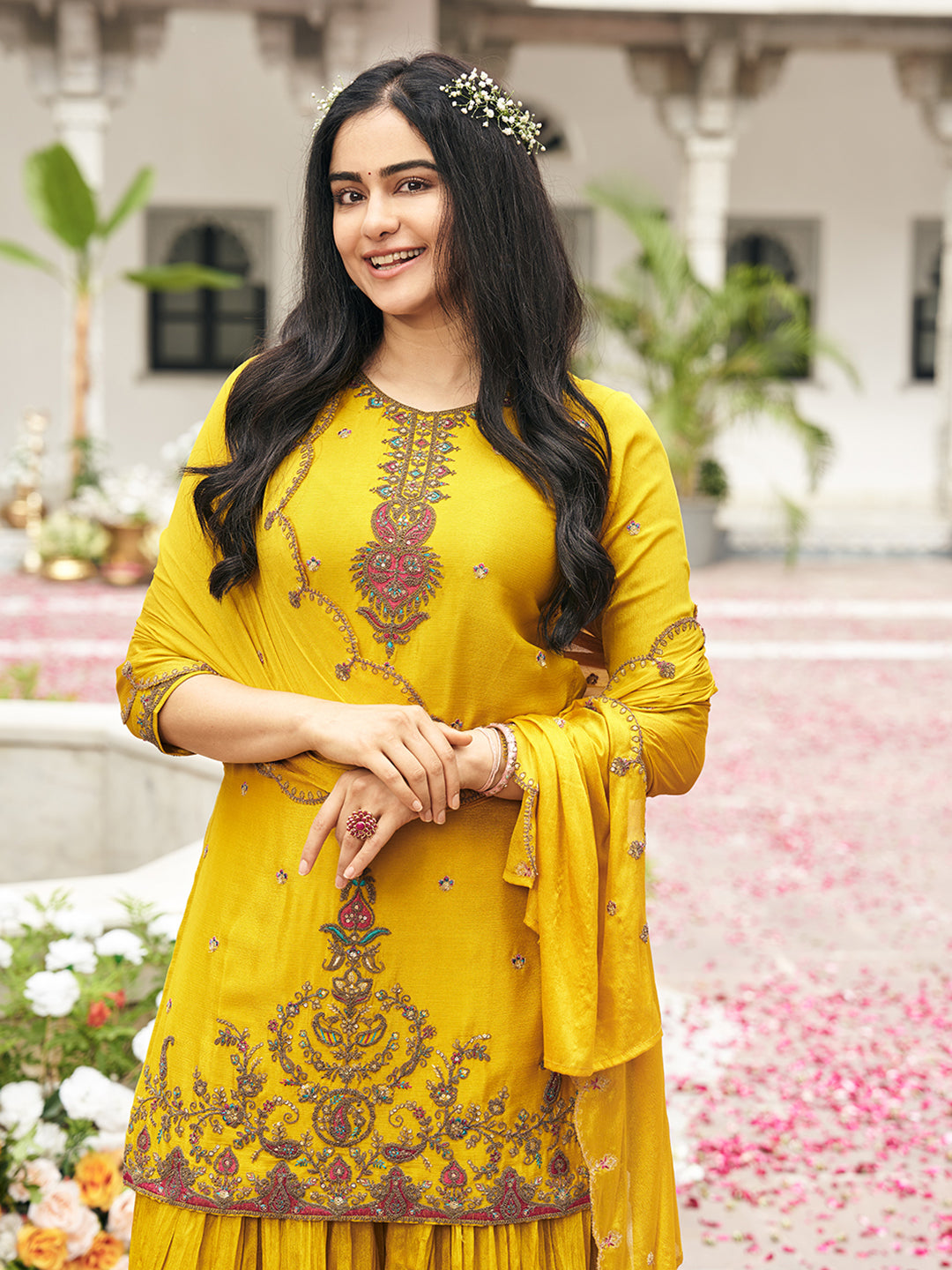Yellow Chinon Zari Sequence Thread Embroidered With Coding Kurta With Palazzo And Dupatta Set
