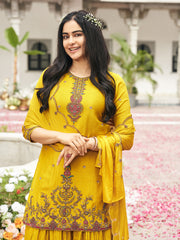 Yellow Chinon Zari Sequence Thread Embroidered With Coding Kurta With Palazzo And Dupatta Set