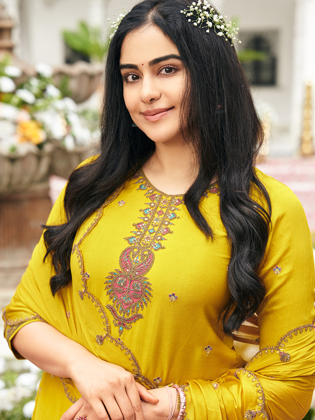 Yellow Chinon Zari Sequence Thread Embroidered With Coding Kurta With Palazzo And Dupatta Set