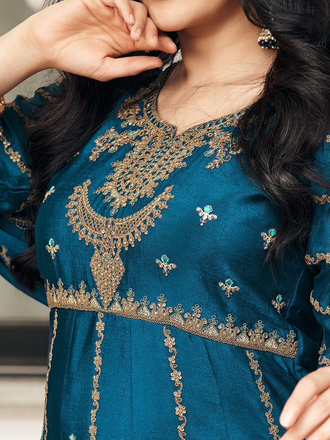 Crystal Teal Chinon Zari Sequence Thread Embroidered With Coding Kurta With Pant And Dupatta Set